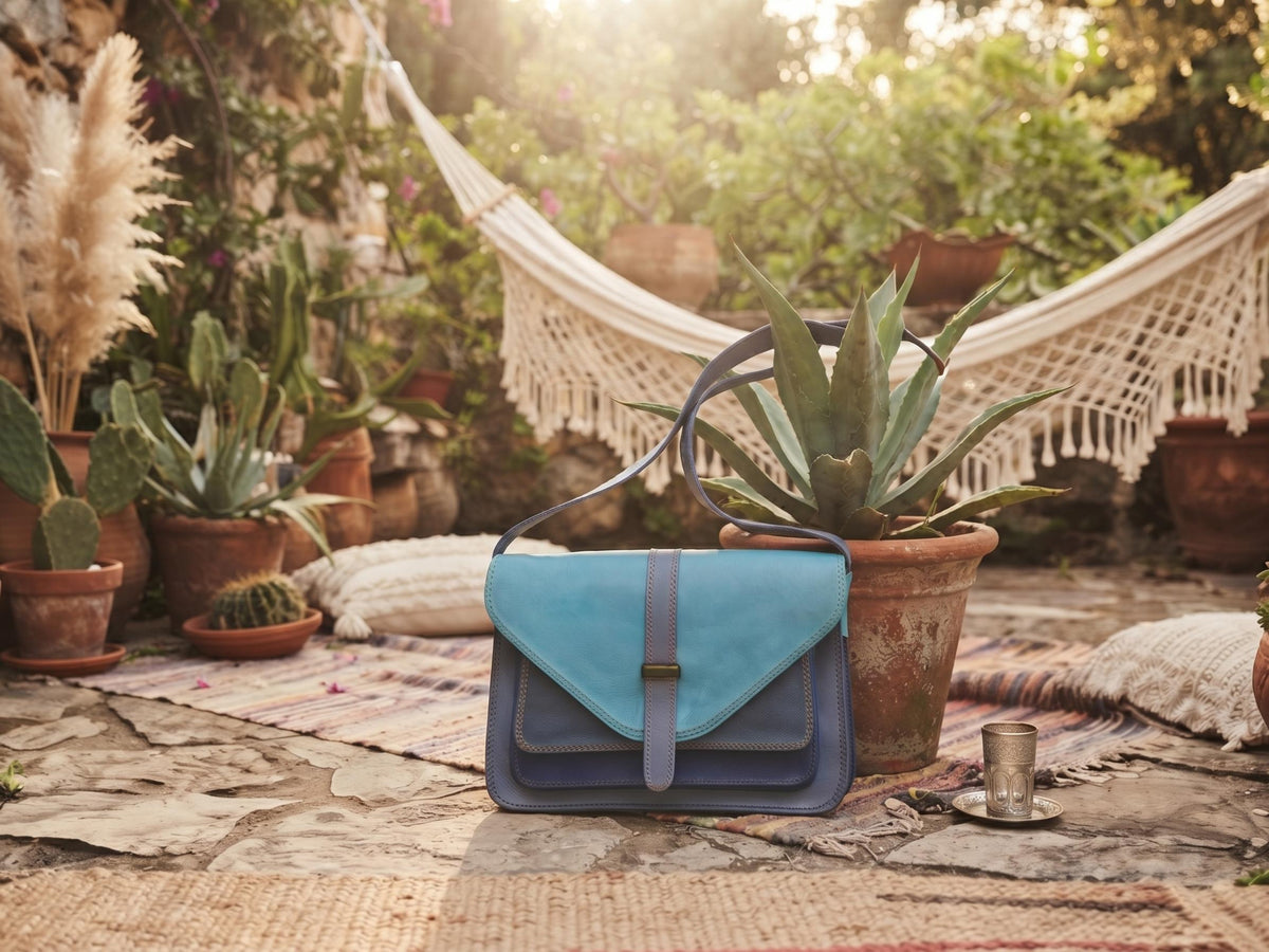 Blue Patchwork Leather Bag, Upcycled Leather Crossbody Purse, Boho Saddle Bag, Colour Block Shoulder Bag, Handmade Leather Handbag