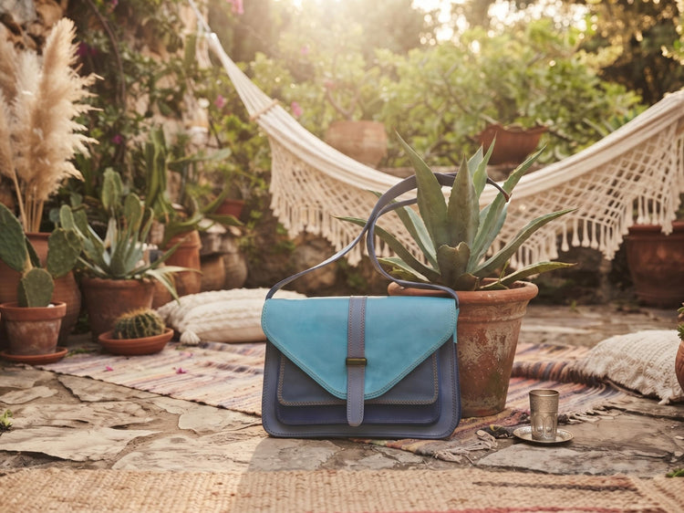 Blue Patchwork Leather Bag, Upcycled Leather Crossbody Purse, Boho Saddle Bag, Colour Block Shoulder Bag, Handmade Leather Handbag