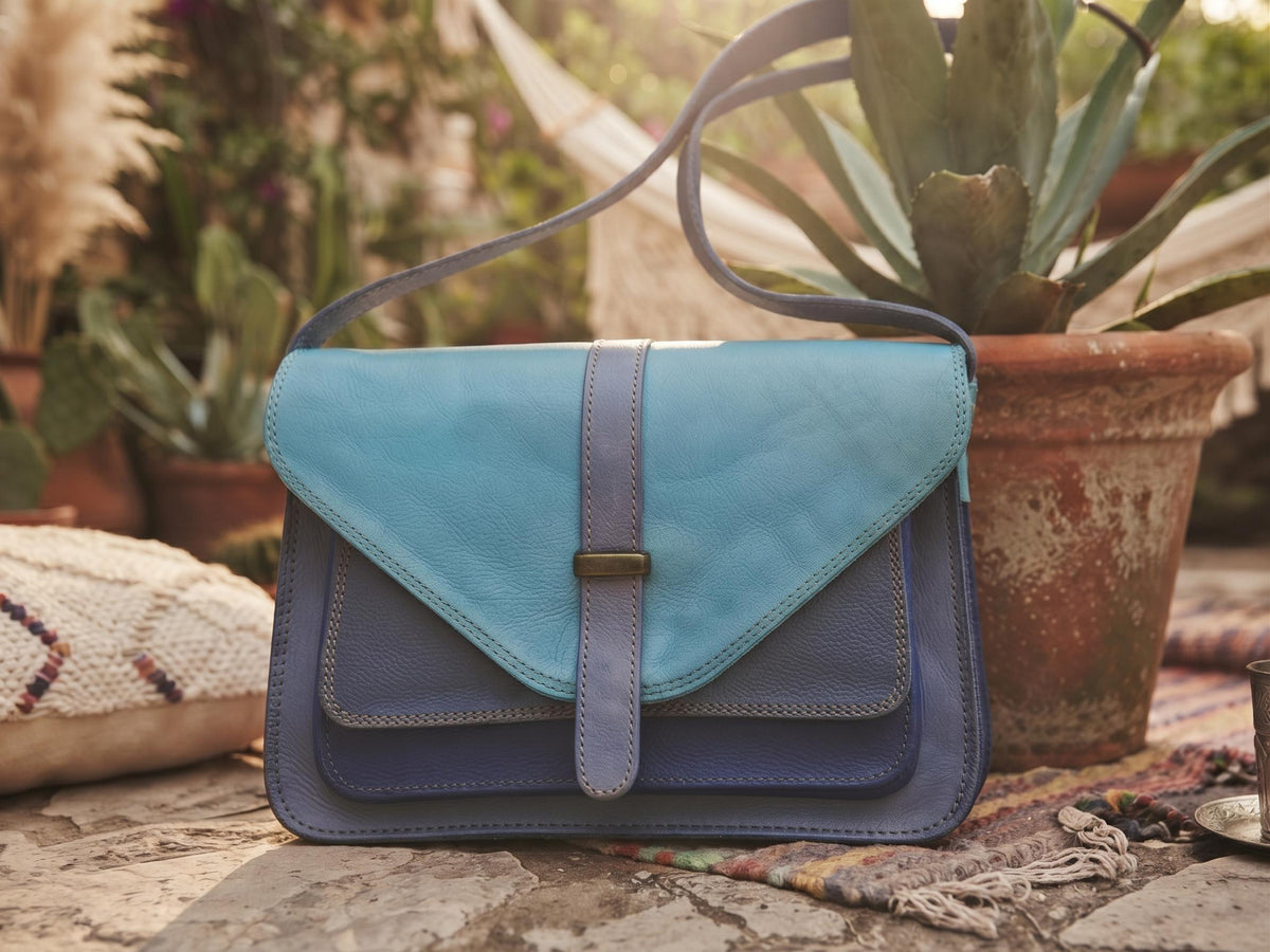 Blue Patchwork Leather Bag, Upcycled Leather Crossbody Purse, Boho Saddle Bag, Colour Block Shoulder Bag, Handmade Leather Handbag