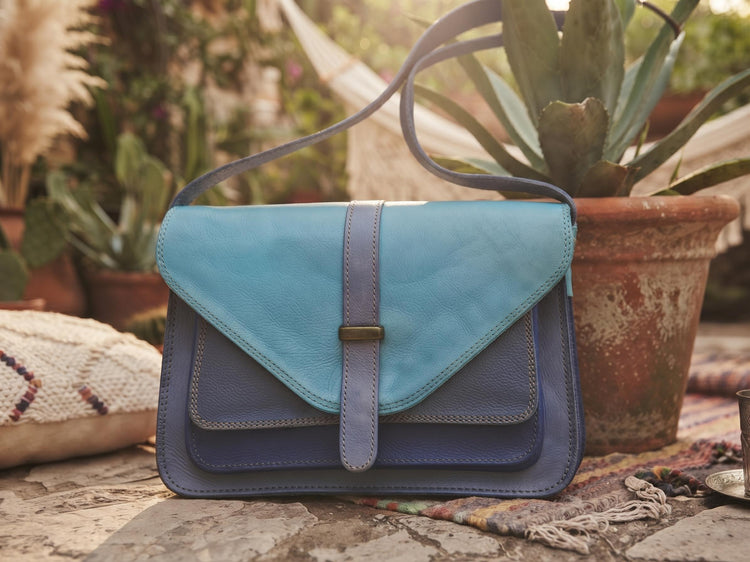 Blue Patchwork Leather Bag, Upcycled Leather Crossbody Purse, Boho Saddle Bag, Colour Block Shoulder Bag, Handmade Leather Handbag