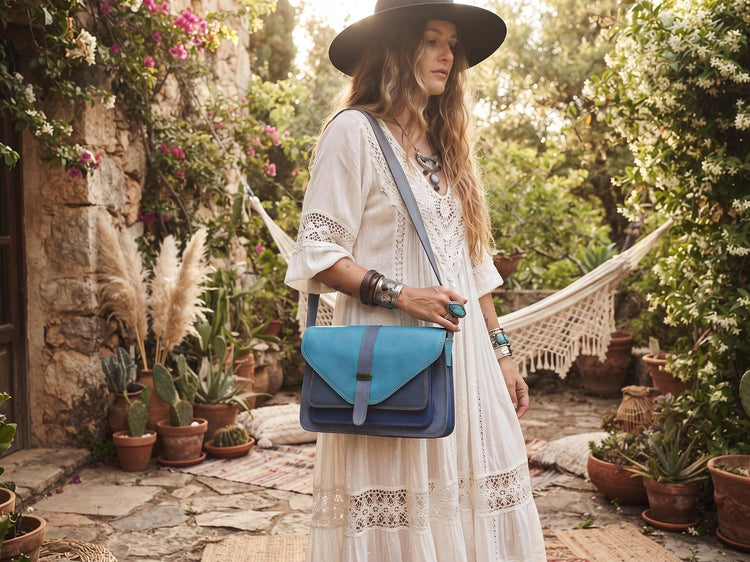 Blue Patchwork Leather Bag, Upcycled Leather Crossbody Purse, Boho Saddle Bag, Colour Block Shoulder Bag, Handmade Leather Handbag