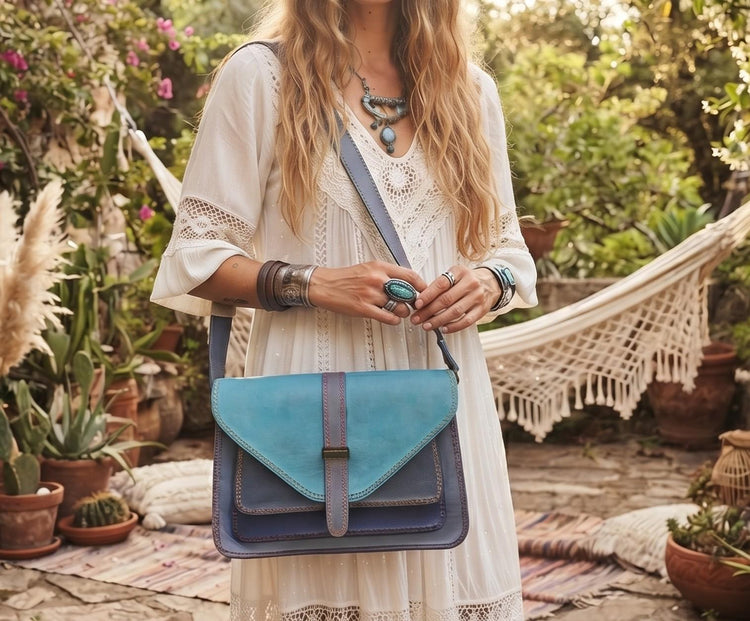 Blue Patchwork Leather Bag, Upcycled Leather Crossbody Purse, Boho Saddle Bag, Colour Block Shoulder Bag, Handmade Leather Handbag