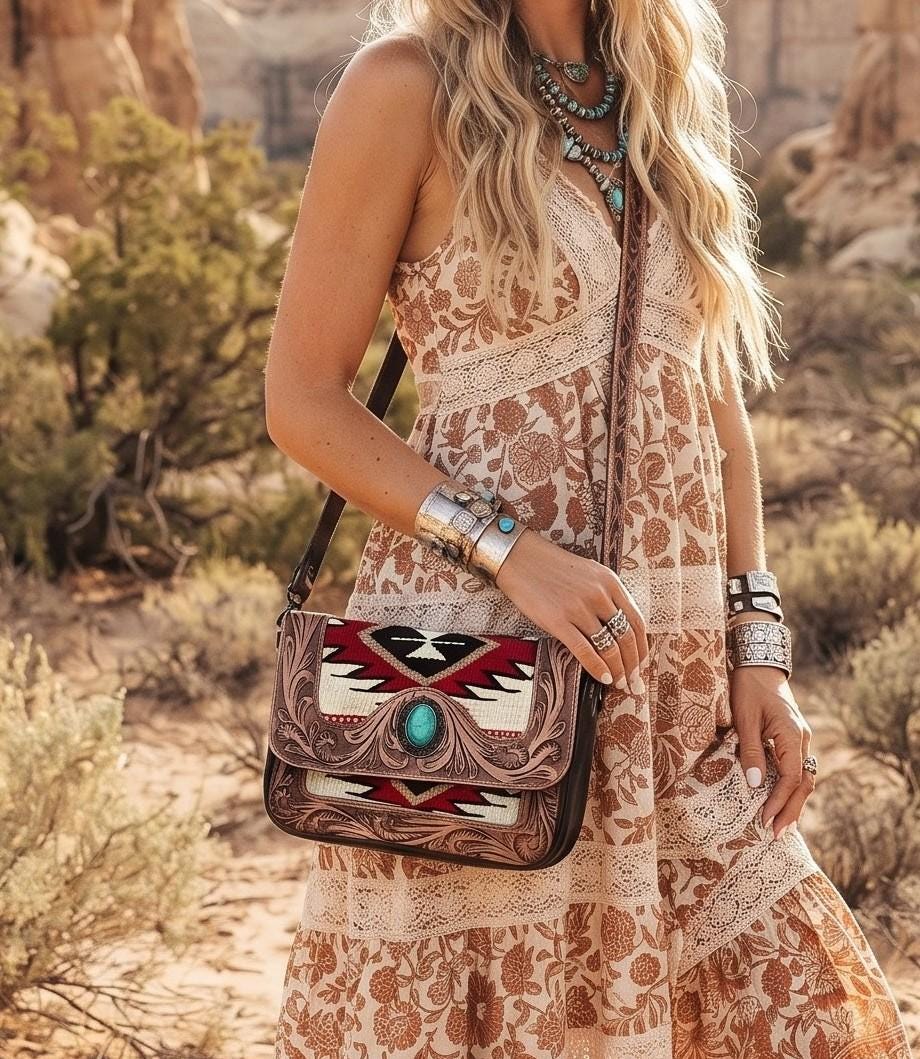 Southwestern Aztec Carpet Bag, Tooled Leather Boho Tote, Cowgirl Shoulder Bag, Western Hippie Travel Bag, Handmade Festival Purse