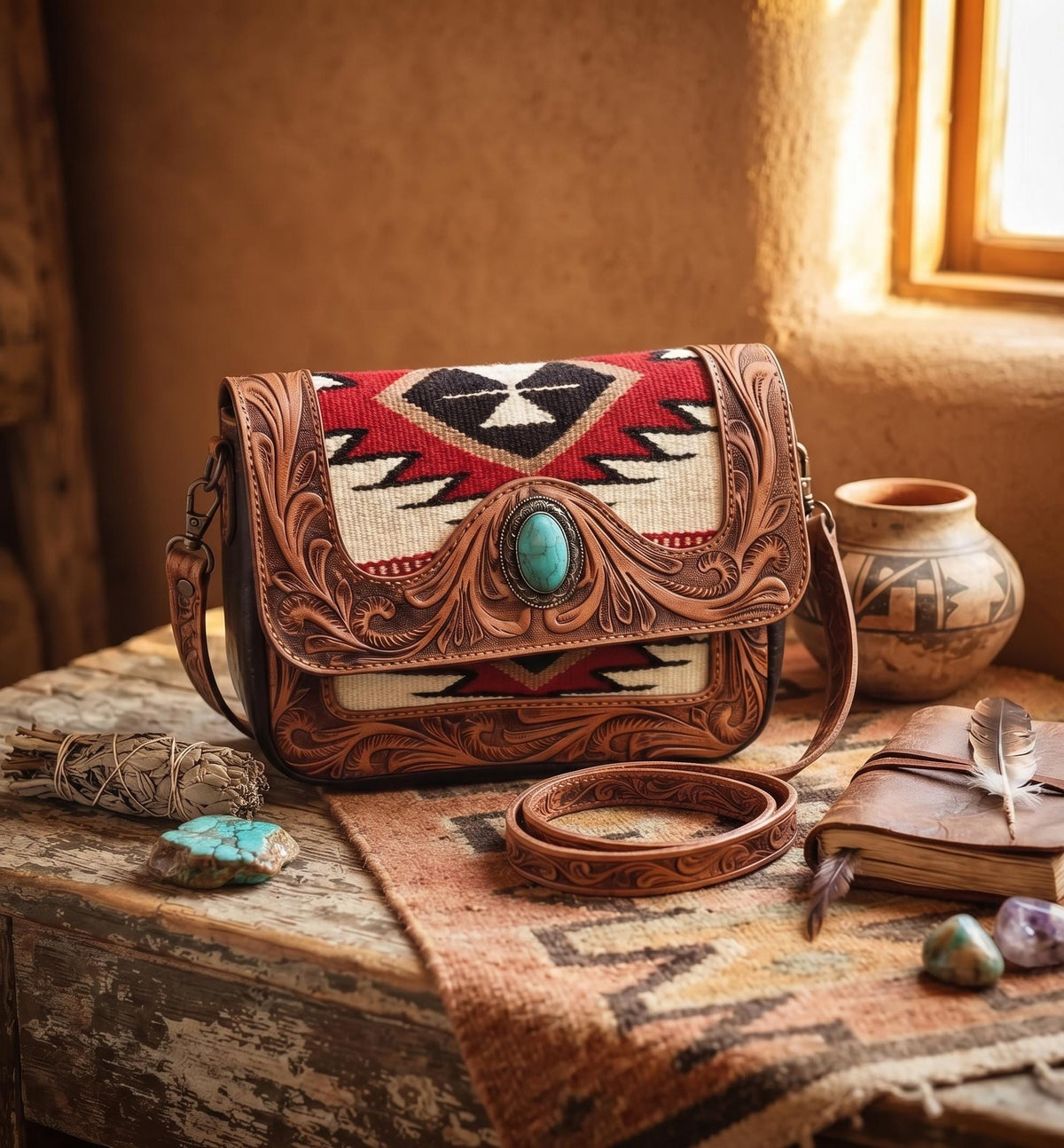 Southwestern Aztec Carpet Bag, Tooled Leather Boho Tote, Cowgirl Shoulder Bag, Western Hippie Travel Bag, Handmade Festival Purse