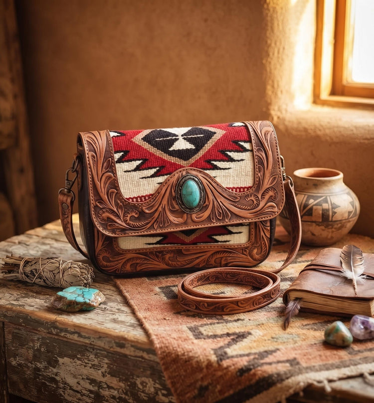 Southwestern Aztec Carpet Bag, Tooled Leather Boho Tote, Cowgirl Shoulder Bag, Western Hippie Travel Bag, Handmade Festival Purse