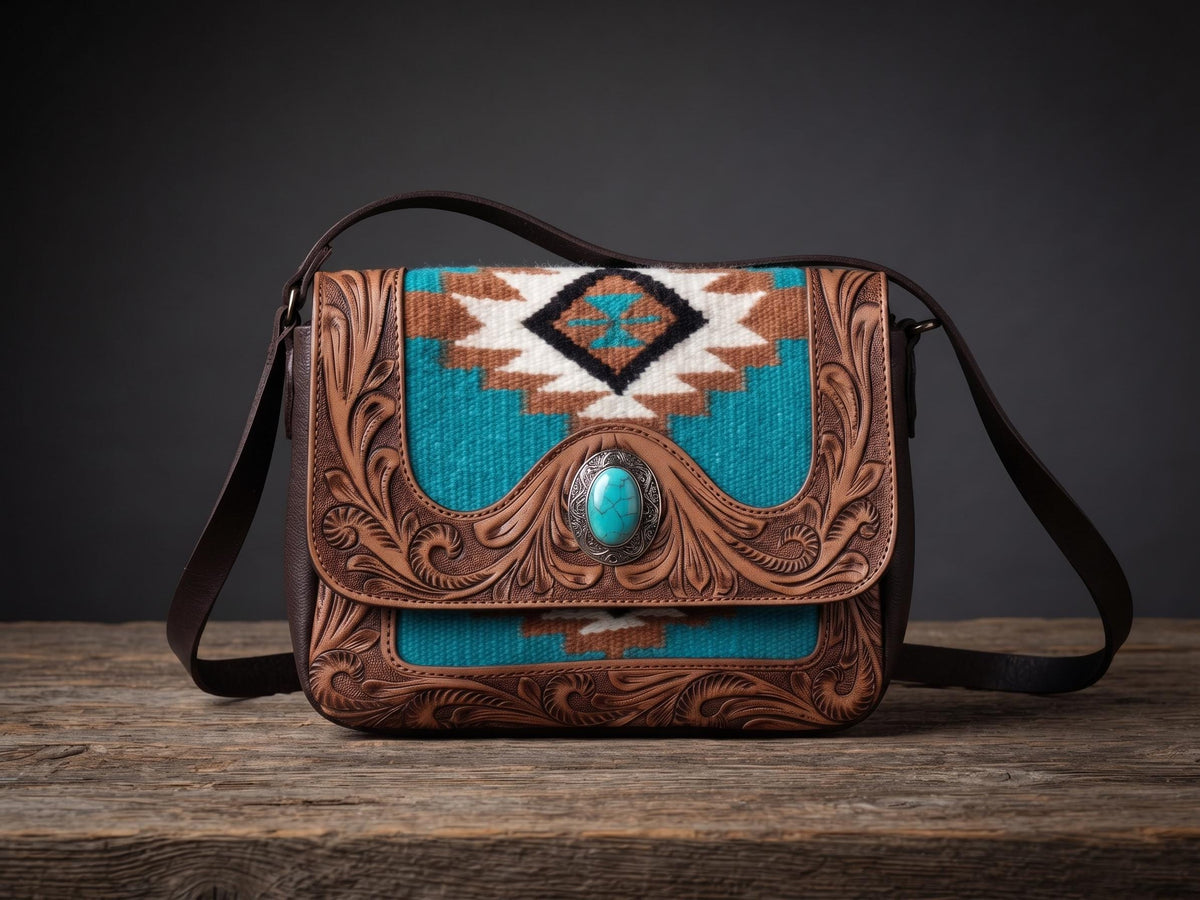 Southwestern Aztec Carpet Bag, Tooled Leather Boho Tote, Cowgirl Shoulder Bag, Western Hippie Travel Bag, Handmade Festival Purse