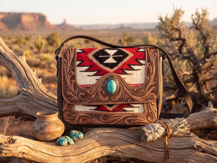 Southwestern Aztec Carpet Bag, Tooled Leather Boho Tote, Cowgirl Shoulder Bag, Western Hippie Travel Bag, Handmade Festival Purse
