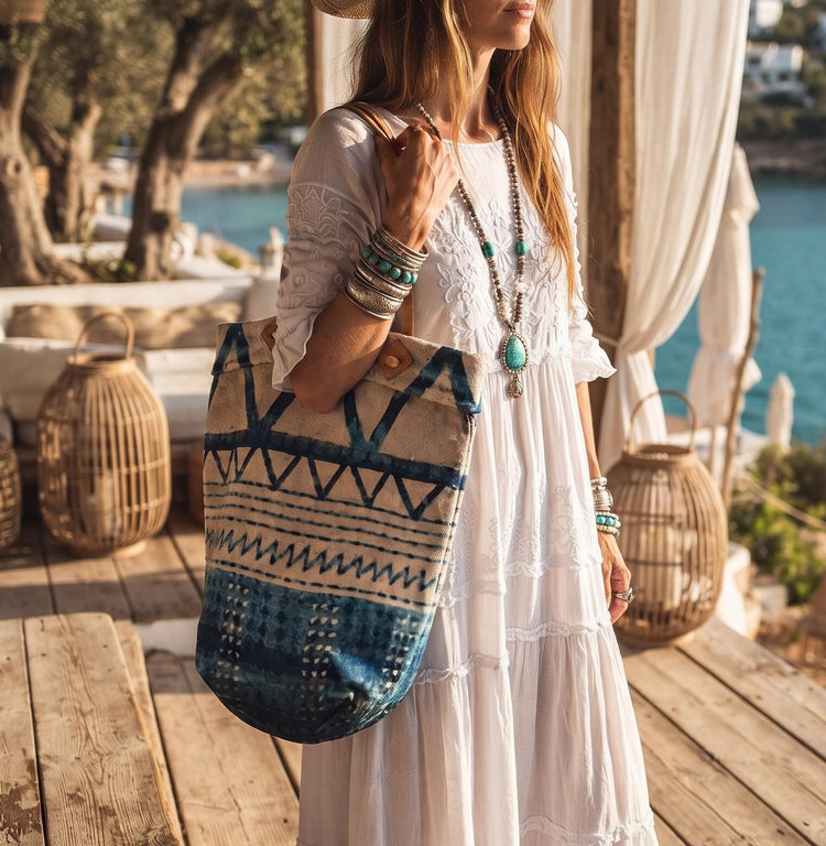 Woven Jute Leather Tote Bag: Large Boho Shoulder Bag