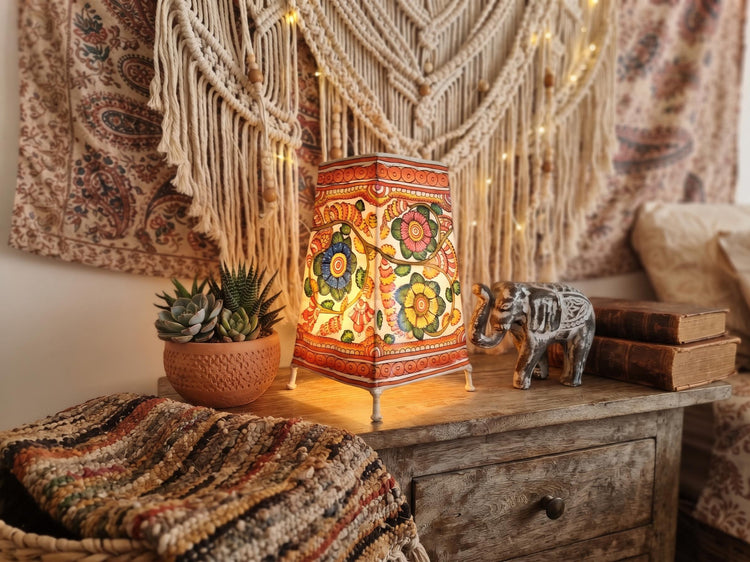 Hand-Painted Floral Leather Lampshade: Boho Tribal Art Lighting
