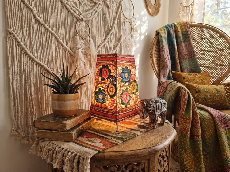 Handmade Floral Leather Lampshade: Boho Indian Tribal Art Table Light