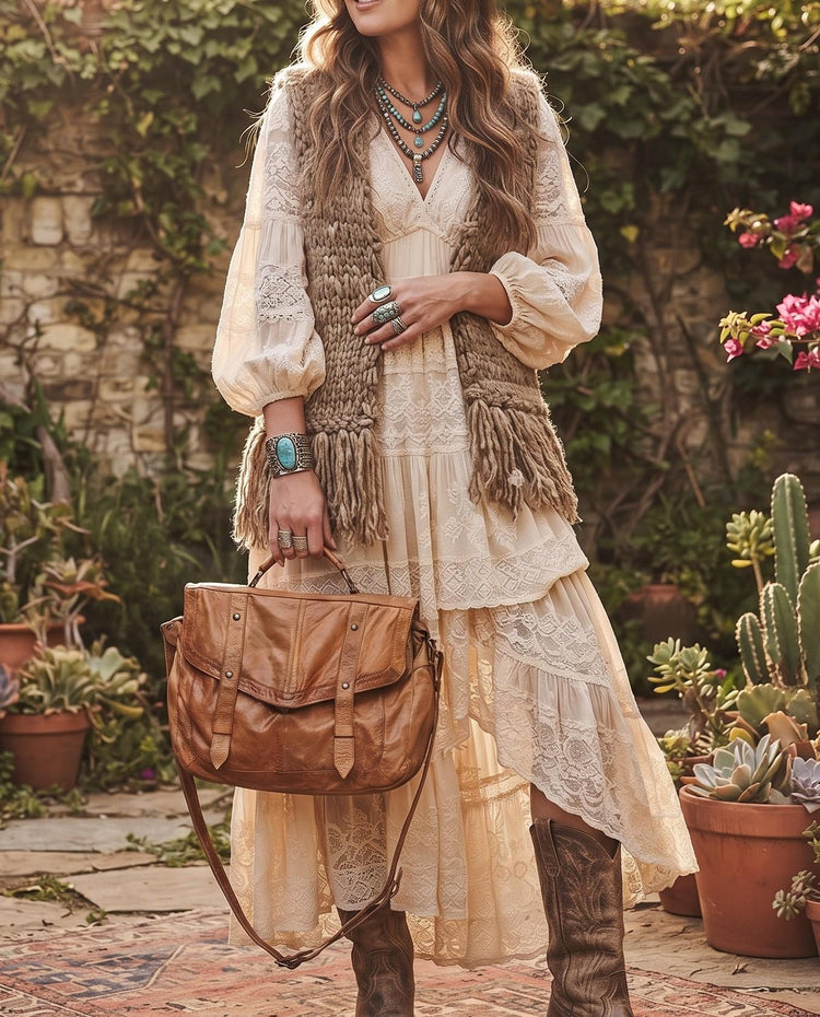 Y2K Leather Satchel: Large Tan Brown Boho Purse