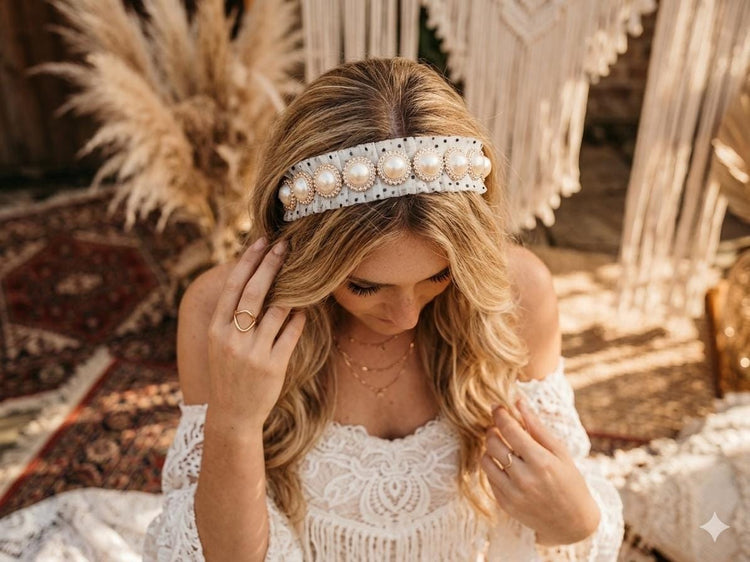 Pearl Lace Headband, Polka Dot Hairband, 1950s Rockabilly Hair Accessory, Vintage Style Pearl Headband, Bridal Boho Hairband