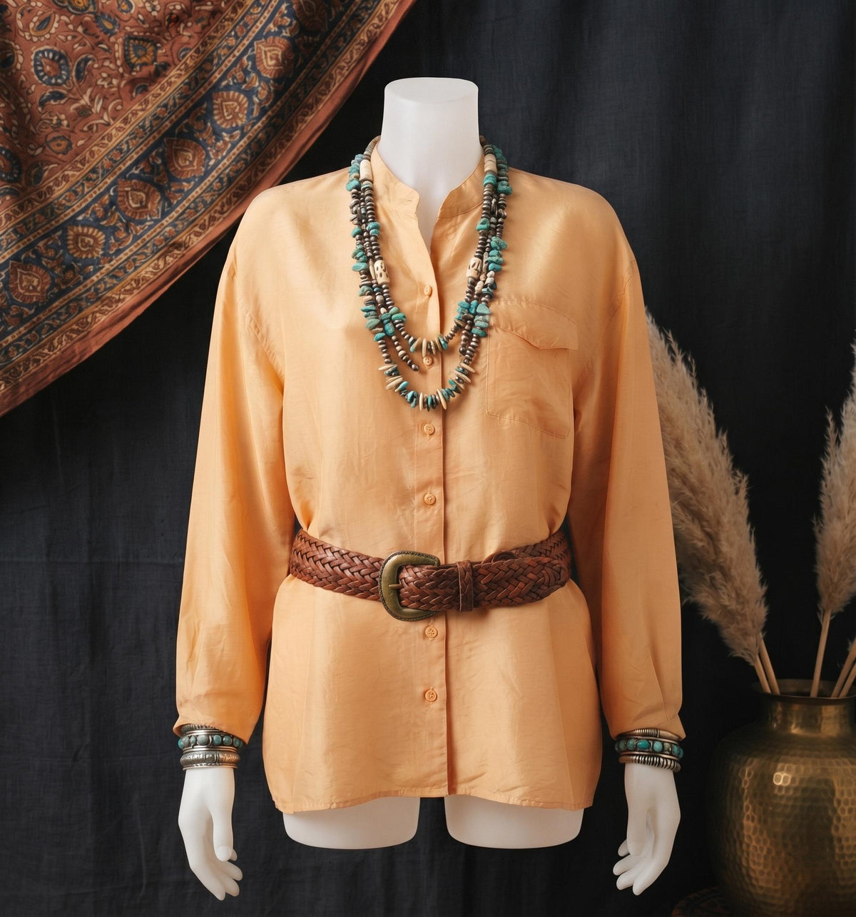 Vintage 1980s Silk Blouse, Pastel Yellow Oversized Shirt, Womens Western Top, 80s Boyfriend Shirt, Boho Festival Blouse, Retro Silk