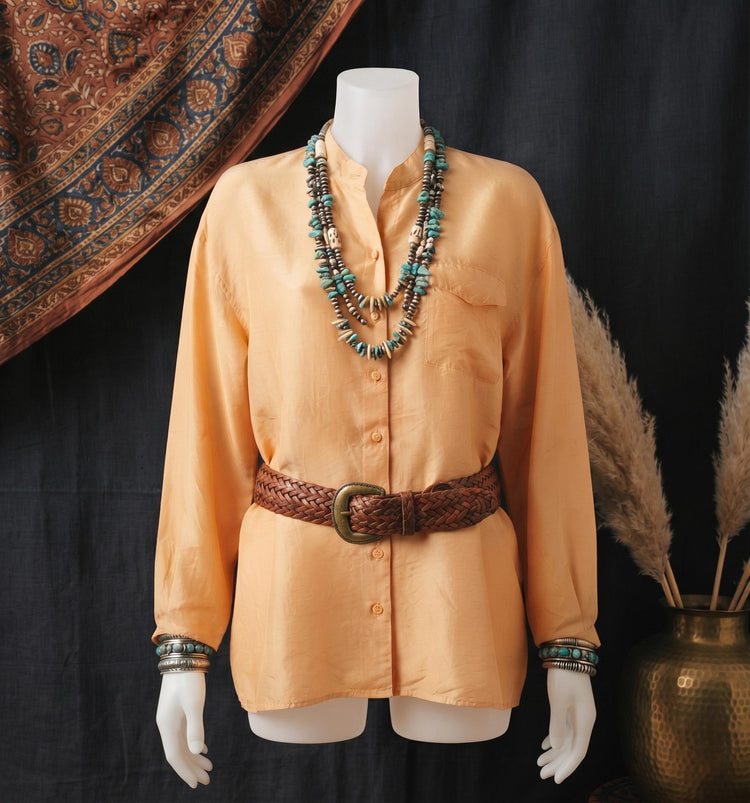 Vintage 1980s Silk Blouse, Pastel Yellow Oversized Shirt, Womens Western Top, 80s Boyfriend Shirt, Boho Festival Blouse, Retro Silk