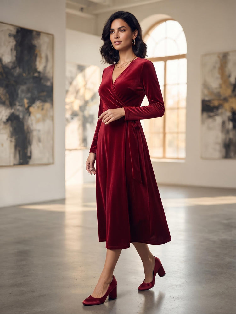 Vintage Red Velvet Dress, 80s Style Midi Dress, Christmas Party Dress, Burgundy Winter Evening Dress, Christmas Festive Dress, UK 8