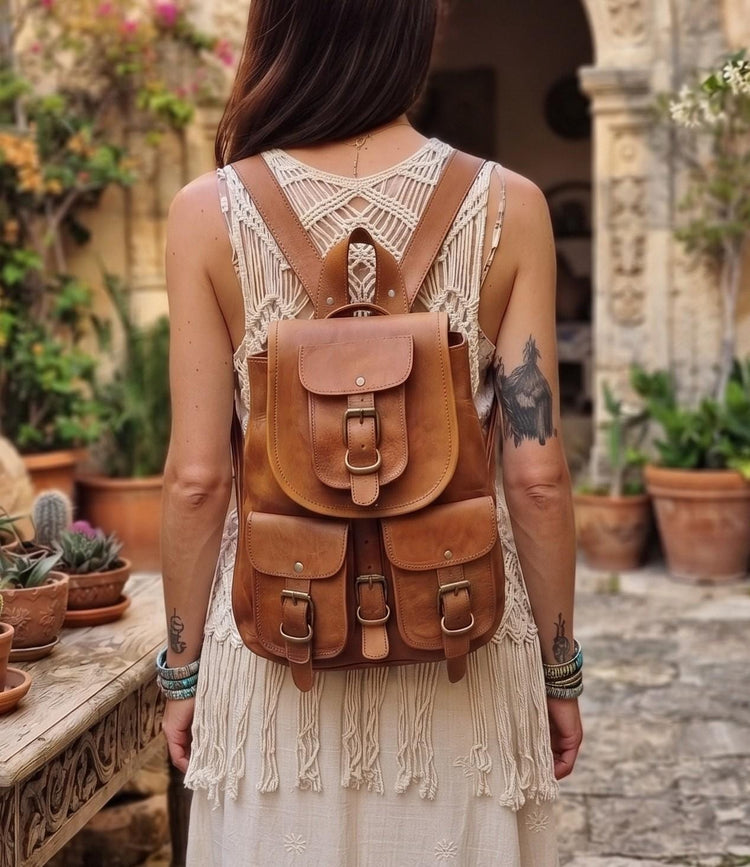 Vintage Style Leather Backpack, Hippie Leather Rucksack, Tan Brown Boho Backpack, 1970s Style Backpack, Womens Leather Bag, Festival Bag