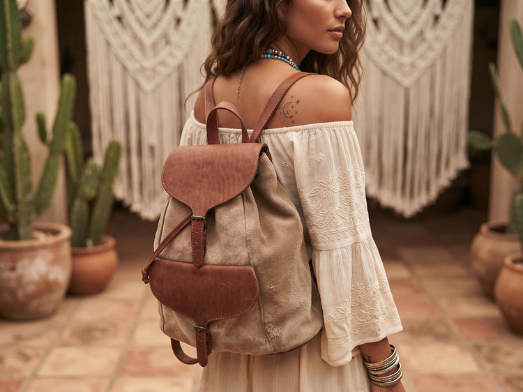 1970s Leather Suede Backpack: Small Vintage Drawstring Rucksack