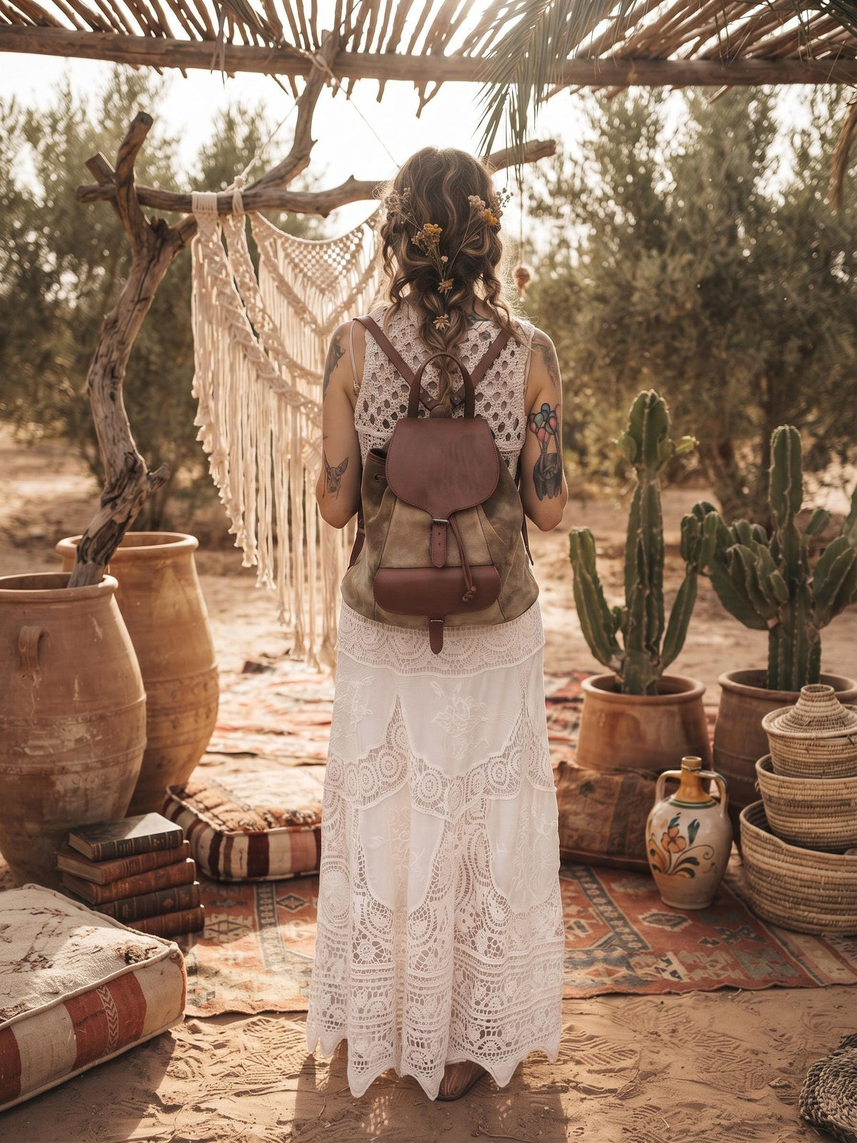 1970s Leather Suede Backpack: Small Vintage Drawstring Rucksack