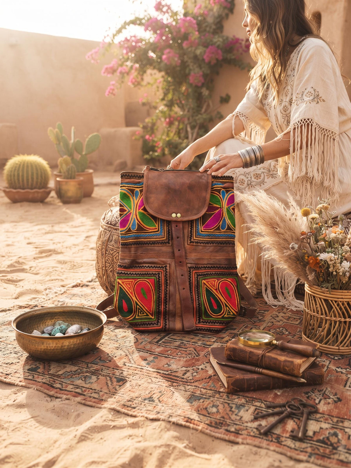 Hand Embroidered Leather Backpack: Boho Hippie Festival Bag