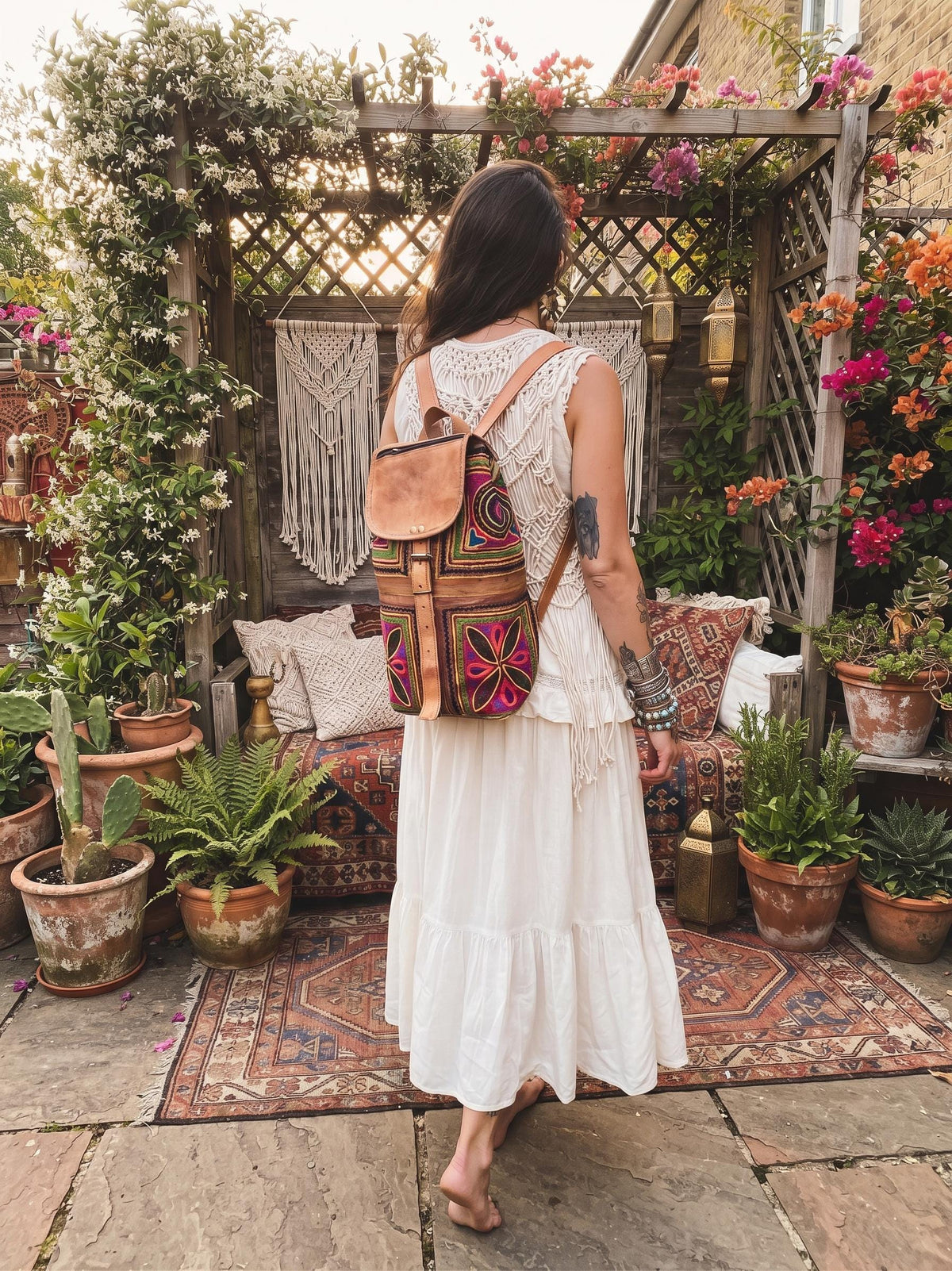Hand Embroidered Leather Backpack: Boho Hippie Festival Bag