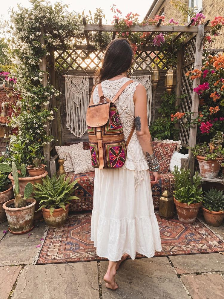Hand Embroidered Leather Backpack: Boho Hippie Festival Bag