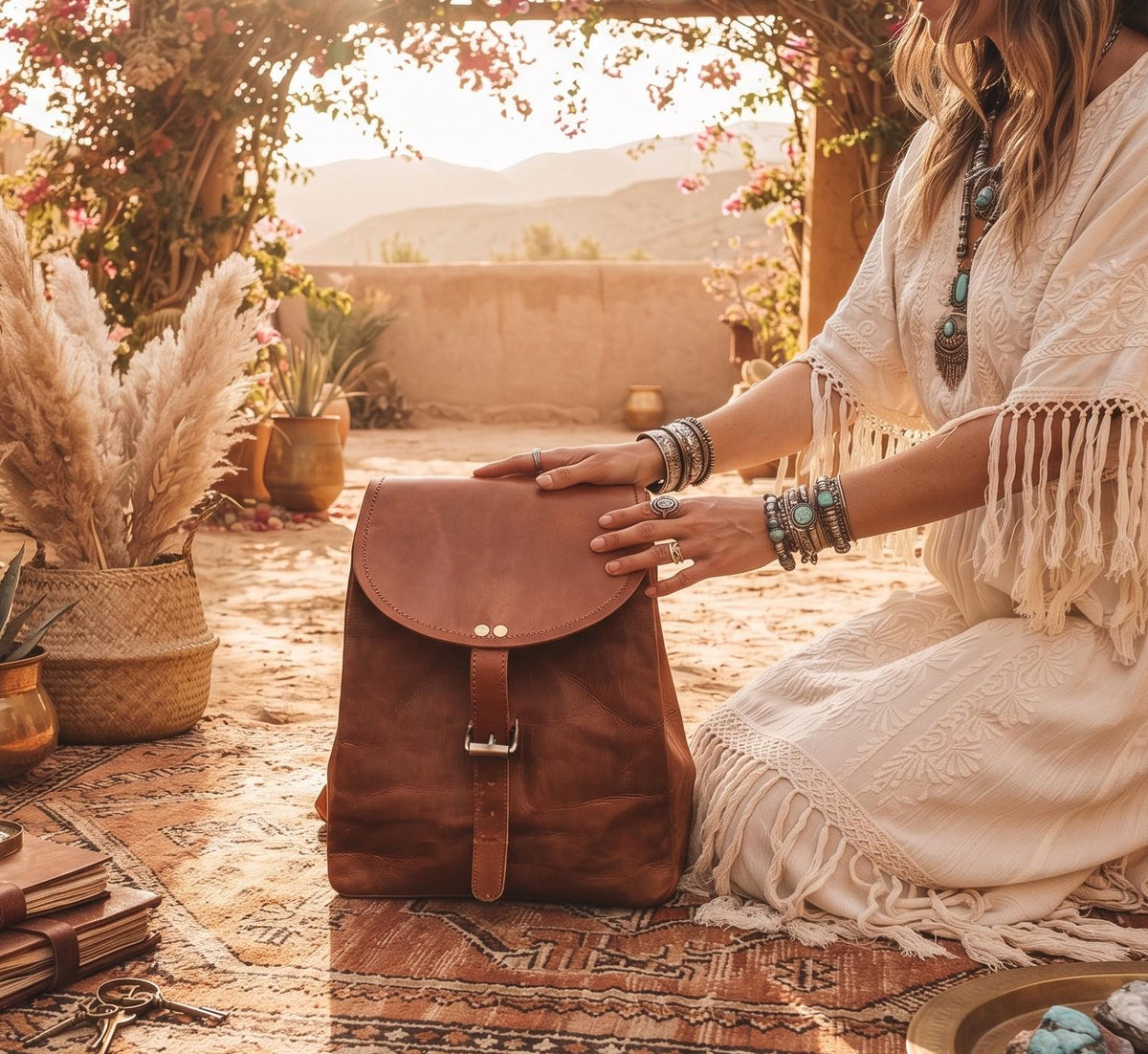 Leather Backpack, Foldable Travel Rucksack, Unisex Boho Backpack, Minimalist Leather Daypack, Lightweight City Bag, New Parent Gift