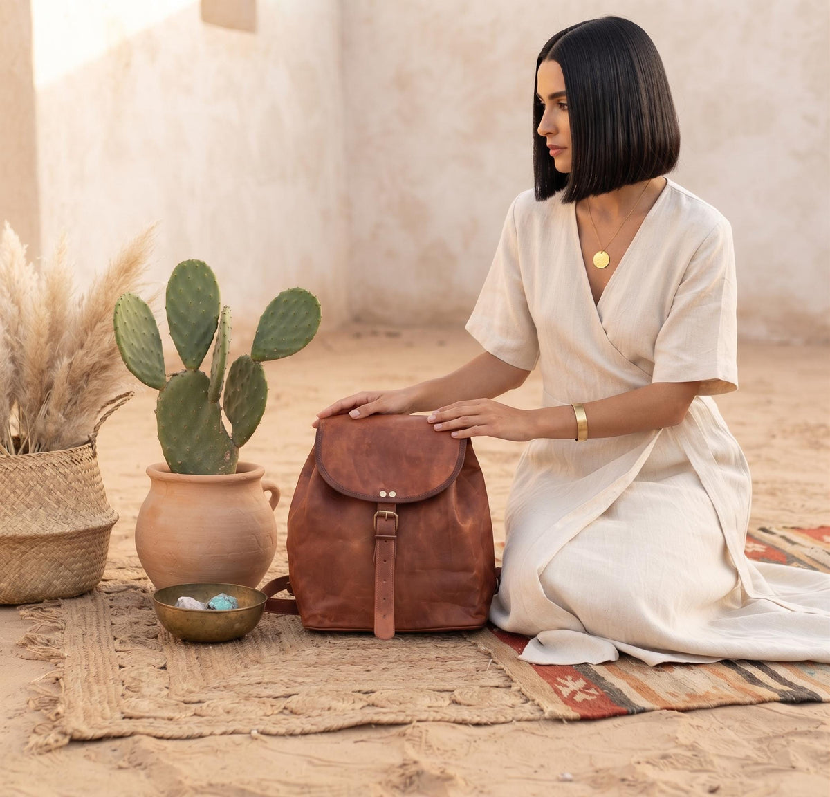 Leather Backpack, Foldable Travel Rucksack, Unisex Boho Backpack, Minimalist Leather Daypack, Lightweight City Bag, New Parent Gift