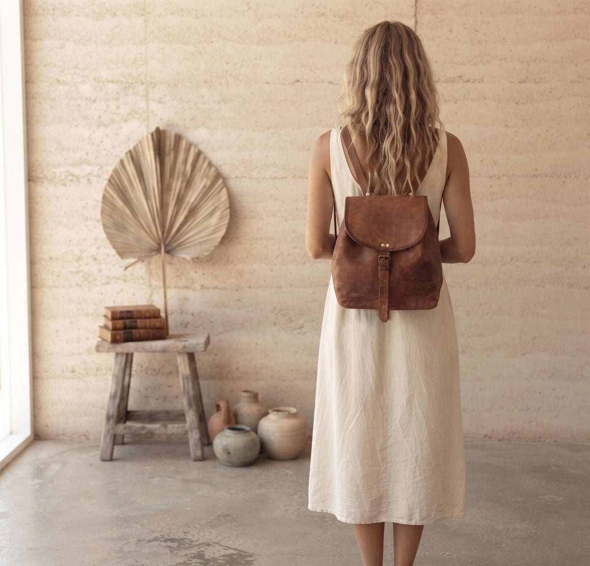 Leather Backpack, Foldable Travel Rucksack, Unisex Boho Backpack, Minimalist Leather Daypack, Lightweight City Bag, New Parent Gift