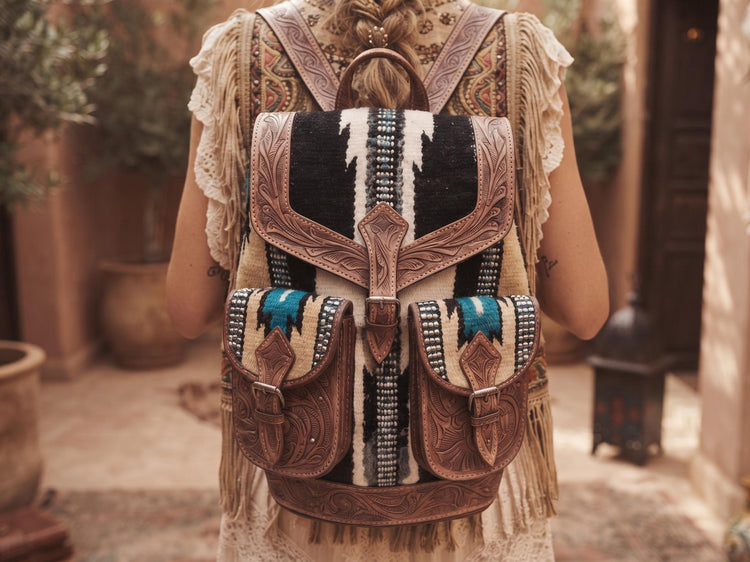 Aztec leather backpack - navajo blanket western bag - tooled leather rucksack for women - large country festival purse