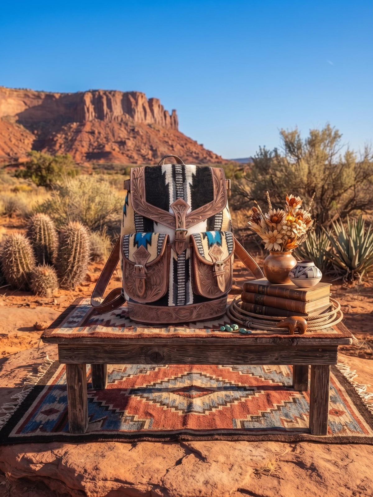 Aztec leather backpack - navajo blanket western bag - tooled leather rucksack for women - large country festival purse