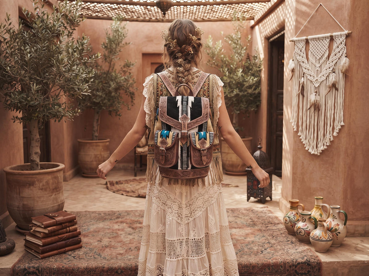 Aztec leather backpack - navajo blanket western bag - tooled leather rucksack for women - large country festival purse