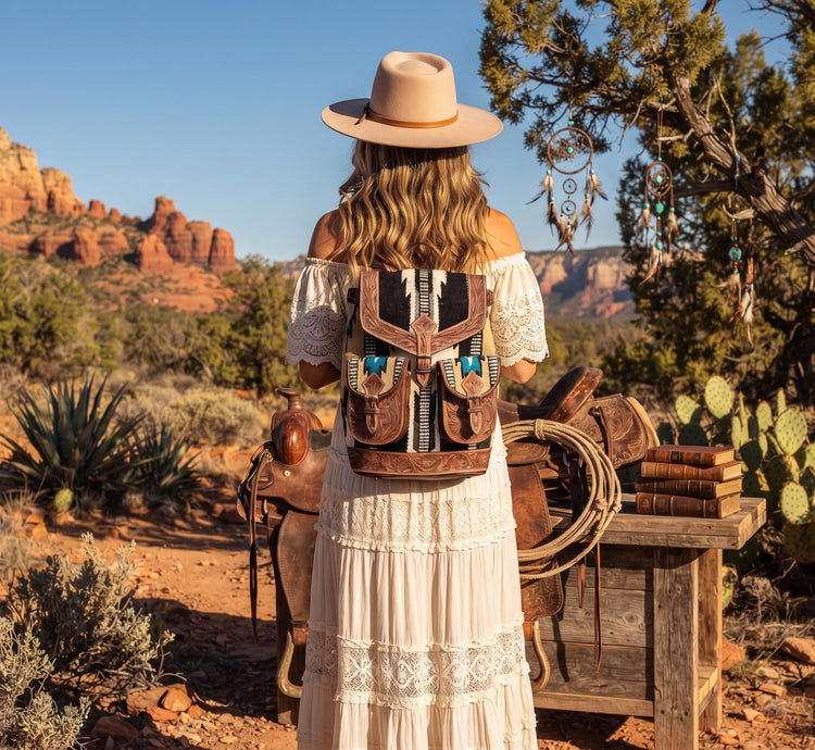 Aztec leather backpack - navajo blanket western bag - tooled leather rucksack for women - large country festival purse