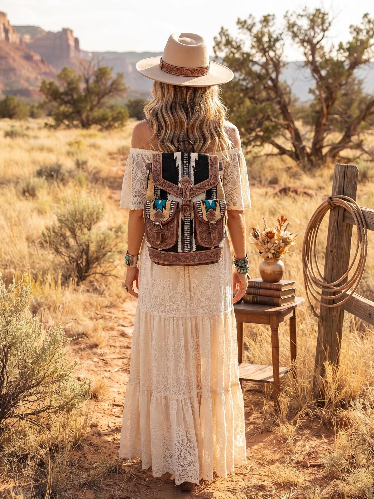 Aztec leather backpack - navajo blanket western bag - tooled leather rucksack for women - large country festival purse