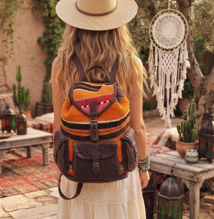 Vintage Moroccan Kilim Backpack, Leather Berber Rucksack, Boho Hippie Festival Bag, Upcycled Carpet Backpack, Large Womens Travel Bag