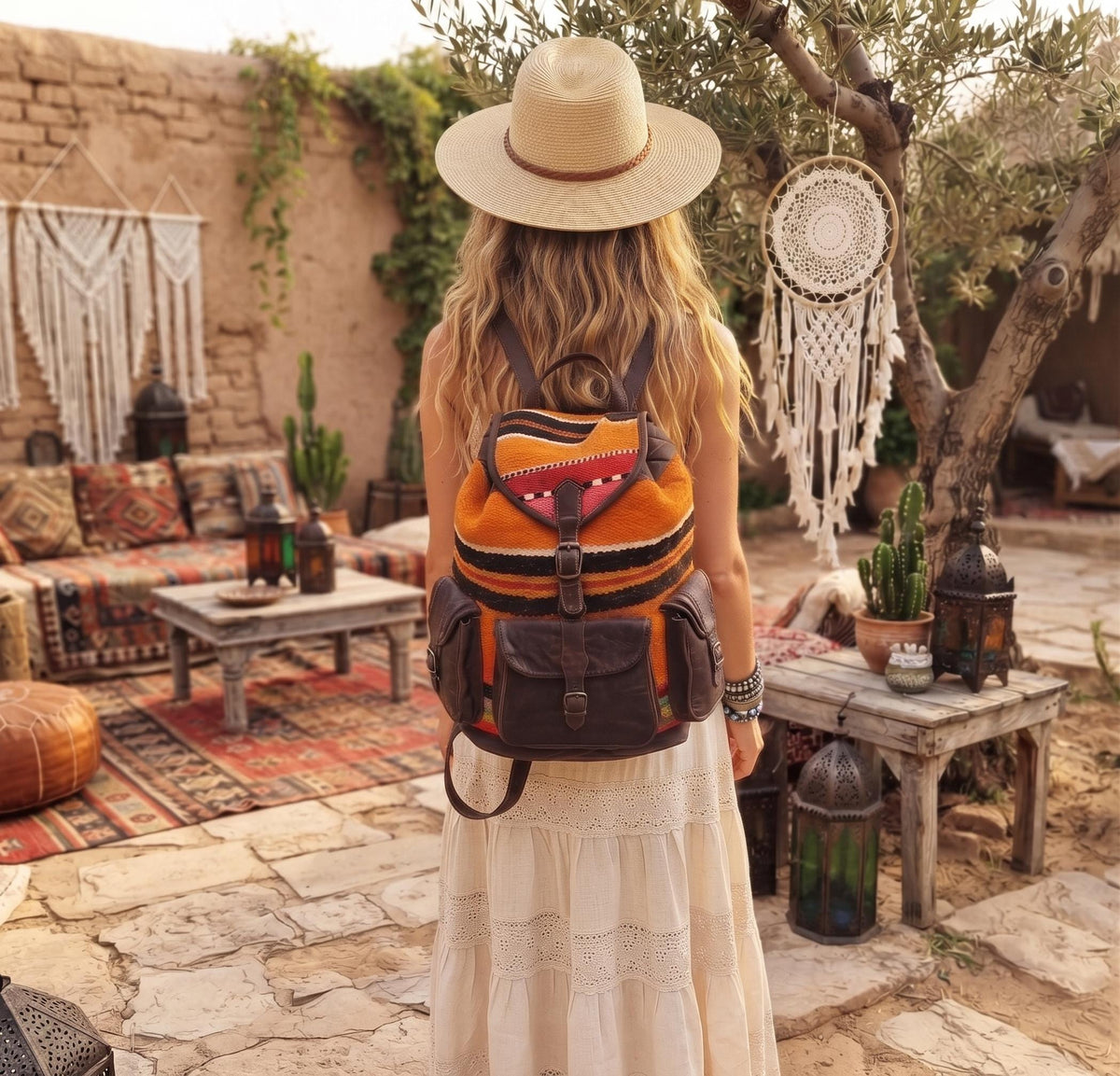 Vintage Moroccan Kilim Backpack, Leather Berber Rucksack, Boho Hippie Festival Bag, Upcycled Carpet Backpack, Large Womens Travel Bag