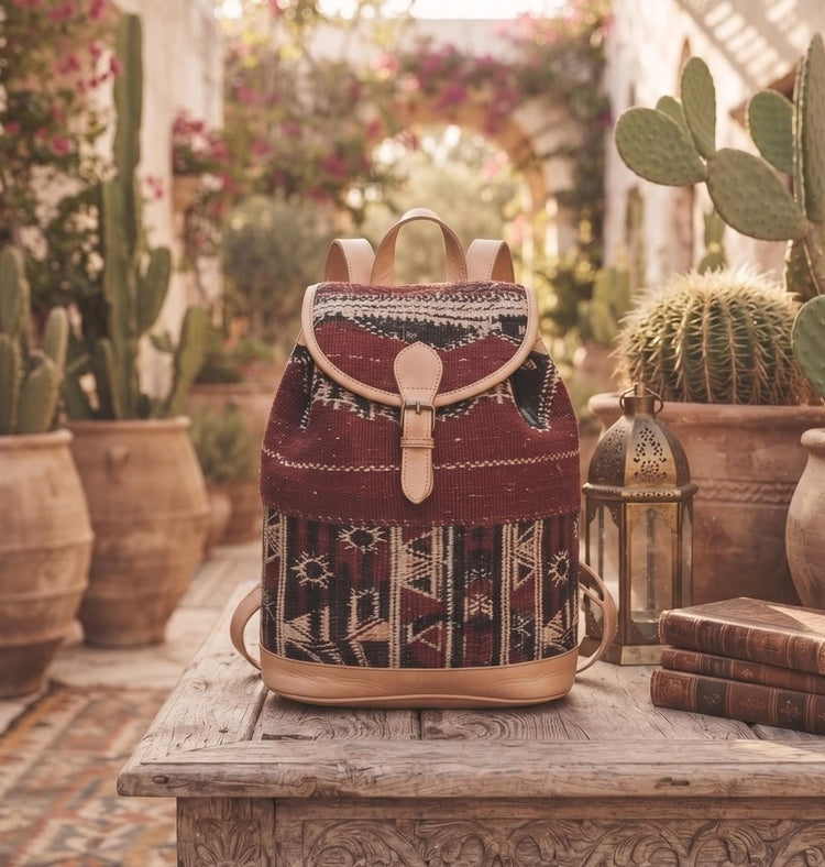 Vintage Moroccan Leather Backpack, Berber Kilim Rucksack, Boho Hippie Festival Bag, Large Tribal Travel Backpack, Womens Leather Bag