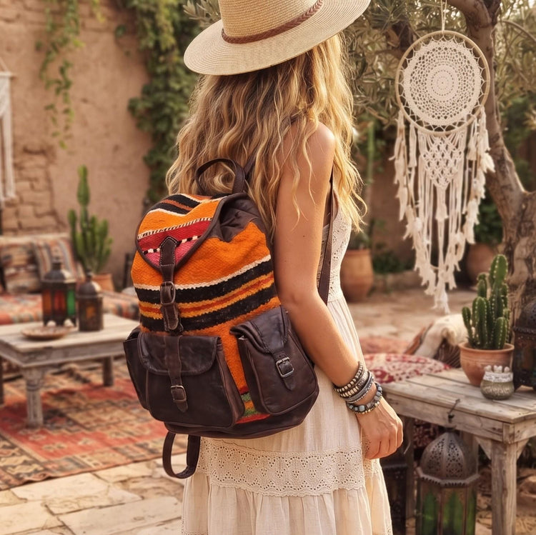 Vintage Moroccan Kilim Backpack, Leather Berber Rucksack, Boho Hippie Festival Bag, Upcycled Carpet Backpack, Large Womens Travel Bag