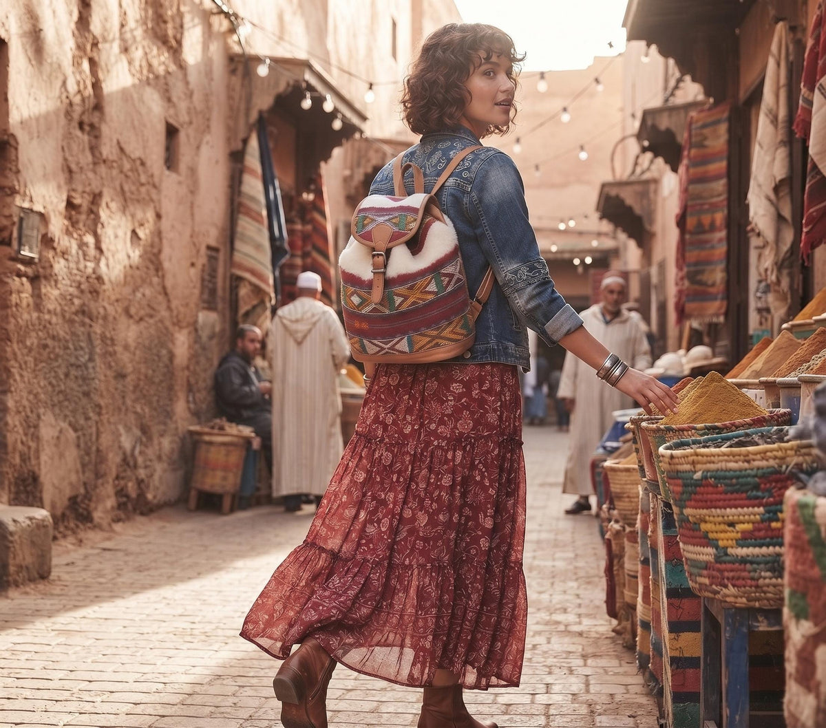 Womens Moroccan Kilim Carpet Leather Backpack, Boho Hippie Travel Rucksack, Vintage Berber Bag, Festival Bag