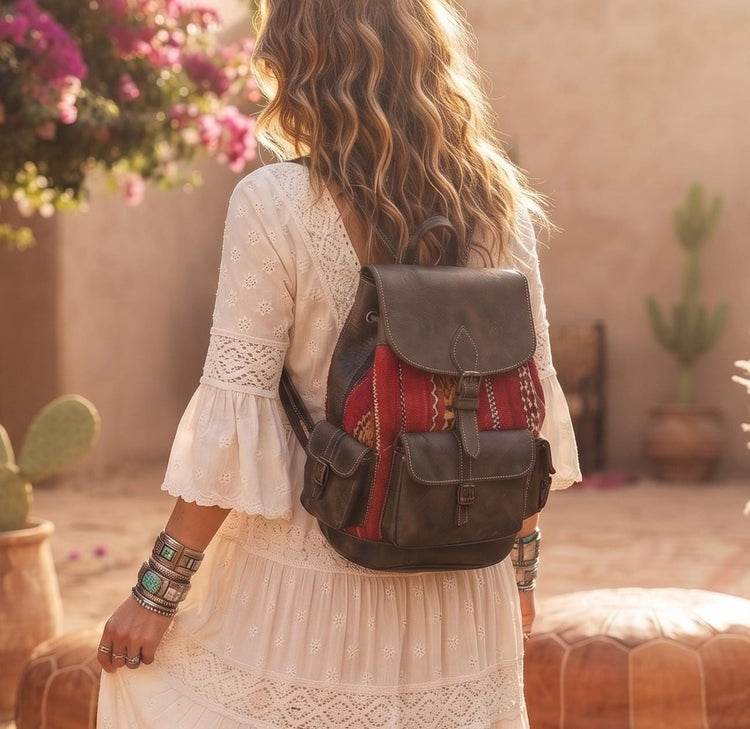 Vintage Moroccan Leather Backpack, Red Aztec Blanket Bag, Berber Rucksack, Upcycled Kilim Carpet, Hippie Festival Travel Bag