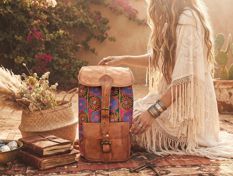 Embroidered Boho Leather Backpack, Large Rainbow Rucksack, Unique Womens Hippie Leather Bag, Colourful Festival Purse