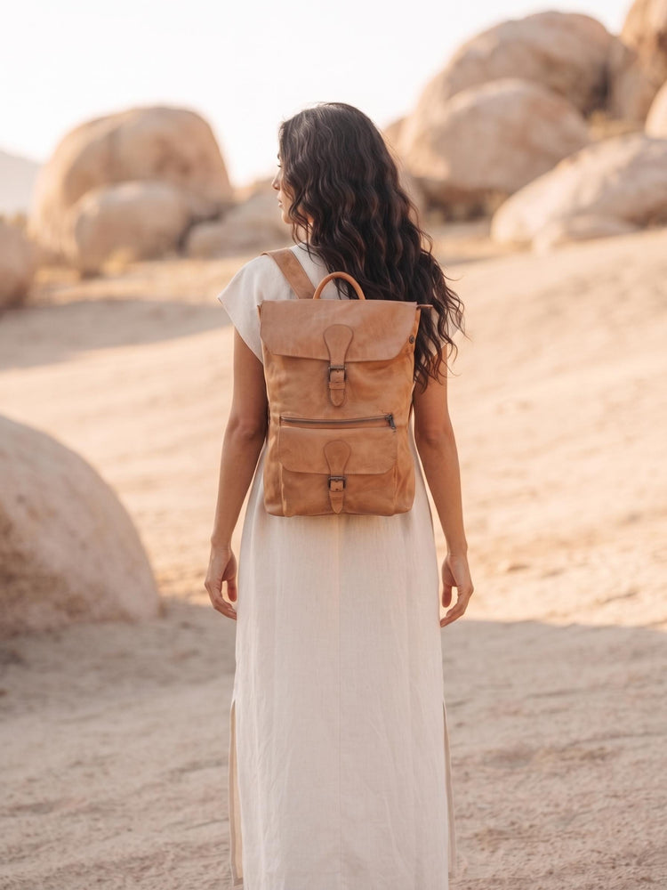 Large Tan Leather Backpack, Womens Rucksack, Handmade Moroccan Bag, Minimalist Travel Bag, Laptop Backpack for Women