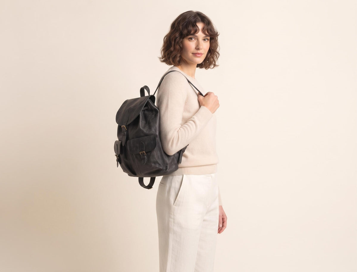 Oversized Leather Backpack, Large Drawstring Rucksack, Boho Biker Bag, Hippie Travel Bag, Unisex Rucksack