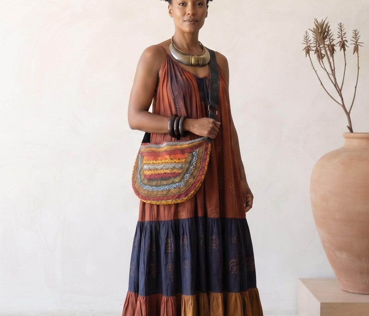 Hand-Painted Leather Shoulder Bag: African Tribal Art, Boho Saddle Bag