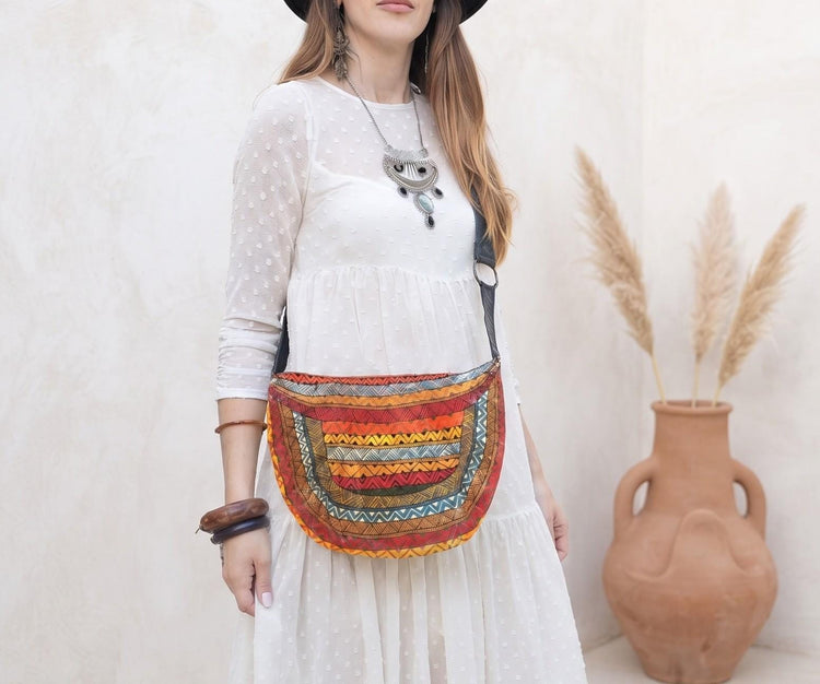 Hand-Painted Leather Shoulder Bag: African Tribal Art, Boho Saddle Bag