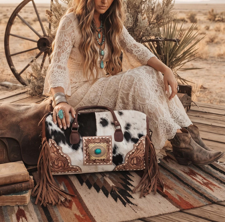 Cowhide Leather Duffle Bag, Western Weekender Bag, Womens Leather Travel Bag, Boho Cowgirl Holdall, Tooled Leather Bag, Cowhide Bag