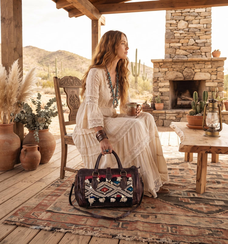 Vintage Moroccan Kilim Bag, Small Leather Weekender, Boho Travel Duffle, Hippie Overnight Bag, Carpet Travel Bag, Festival Bag