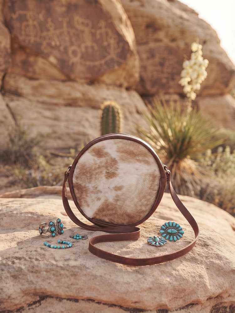 Round Cowhide Leather Bag, Western Cowgirl Purse, Boho Crossbody Bag, Leather Tassel Handbag, Small Cowhide Satchel, Festival Bag