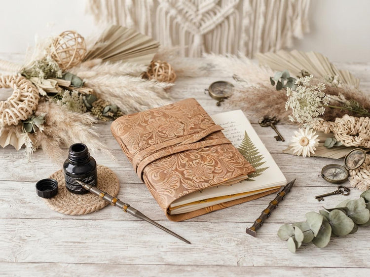 Floral Leather Journal, Tooled Water Buffalo Notebook, Art Nouveau Journal, Handmade Book of Shadows, Vintage Paper Diary, Gift for Her