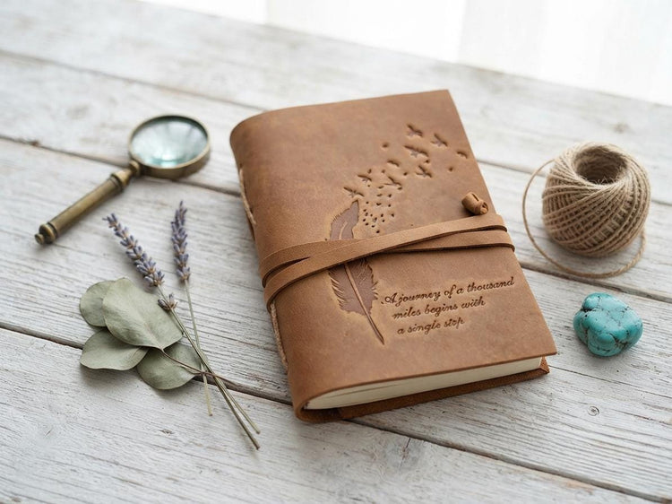 Embossed Leather Travel Journal: Feather Bird Design, Handmade Diary