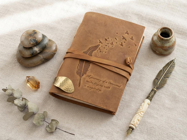 Embossed Leather Travel Journal: Feather Bird Design, Handmade Diary
